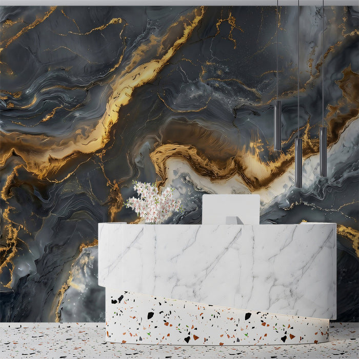 Luxury Dark Grey and Gold Marble Wallpaper, Dramatic Vein Stone Mural, Modern Industrial Decor, Custom Size Premium Peel and Stick