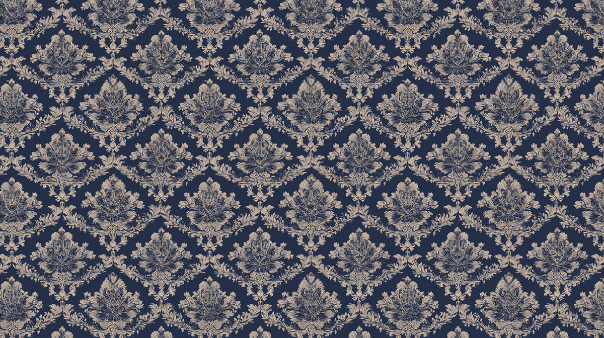 Ornate Victorian damask wallpaper pattern featuring intricate cream floral motifs on a deep navy blue background.