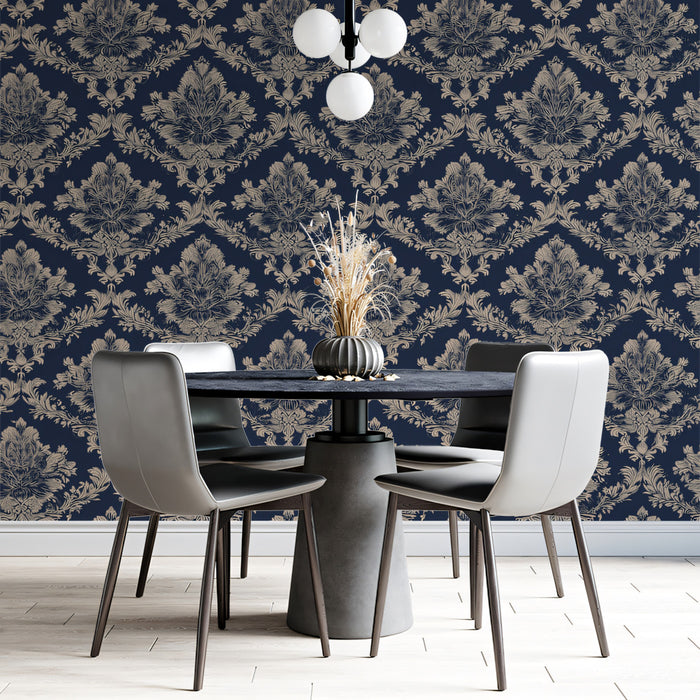 Traditional formal dining room with navy blue damask wallpaper and polished wooden furniture.