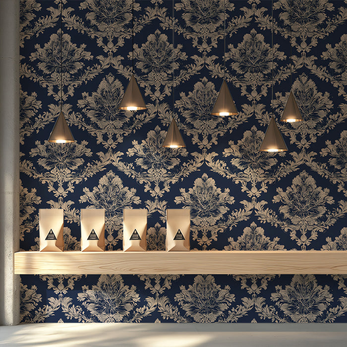 Sophisticated home library featuring a floor-to-ceiling damask wall mural behind dark wood shelving.