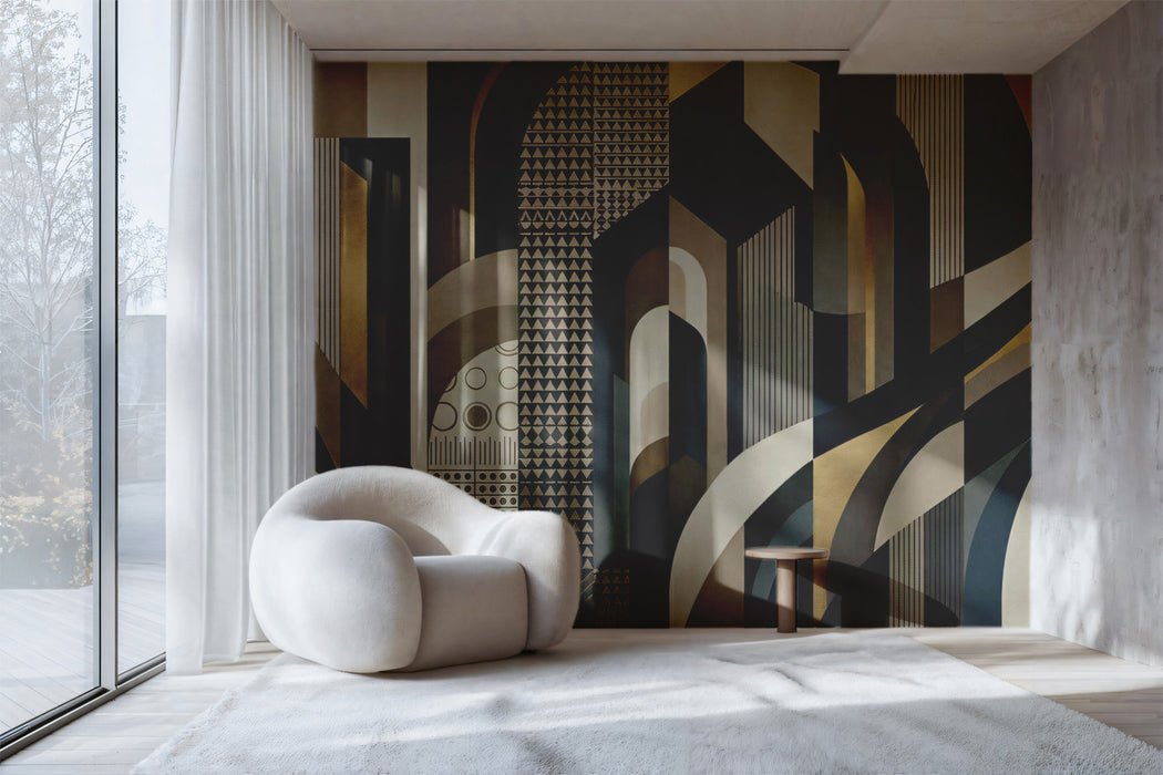 Modern Art Deco Geometric Wallpaper, Abstract Architectural Wall Mural, Mid-Century Modern Decor, Custom Size Peel and Stick