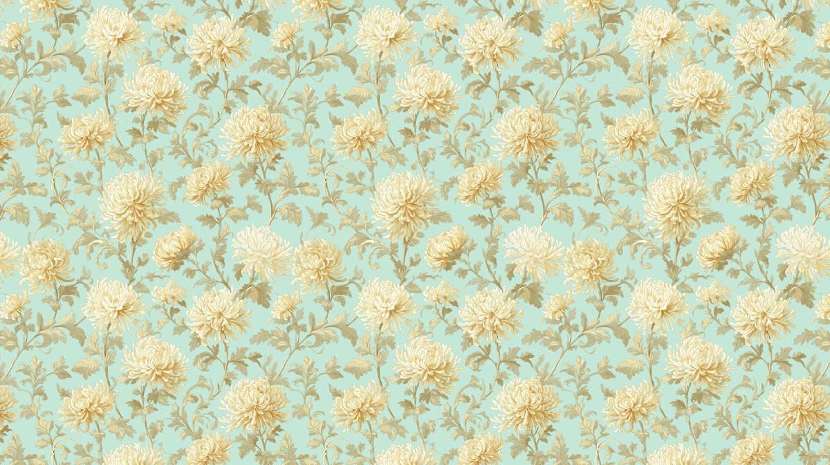 Floral wallpaper pattern featuring cream chrysanthemums and sage leaves on a mint green background.