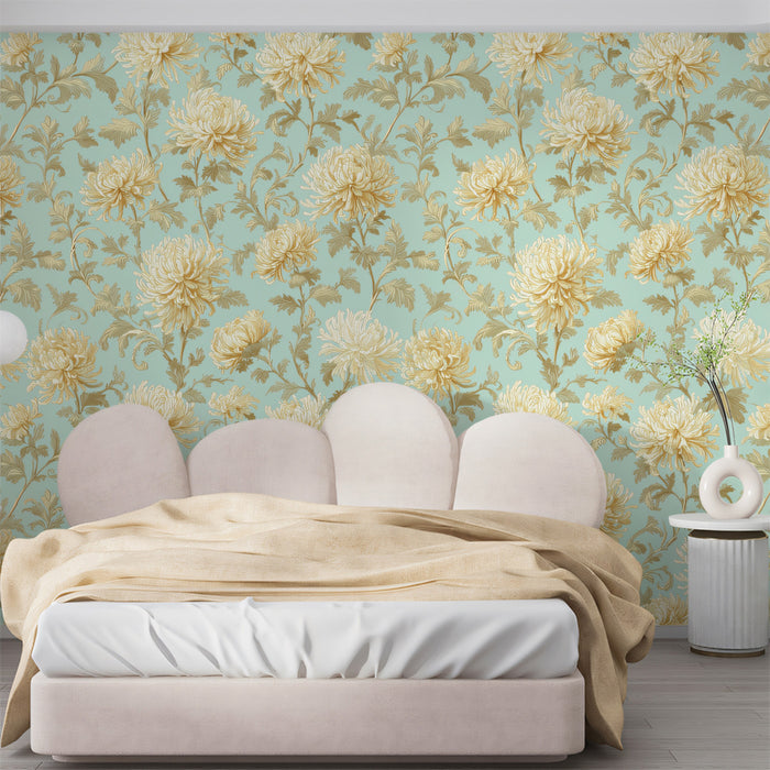 Floral mural installed on the feature wall of a bright, light-filled bedroom with linen bedding.