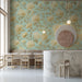 Vintage chrysanthemum mural displayed in a cozy dining room with wooden furniture and neutral decor.