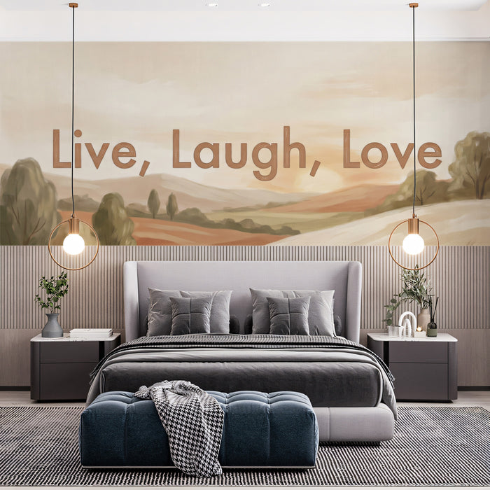 "Live, Laugh, Love" Landscape Wallpaper, Warm Earth Tone Quote Mural, Inspirational Wall Decor, Custom Size Peel and Stick Typography