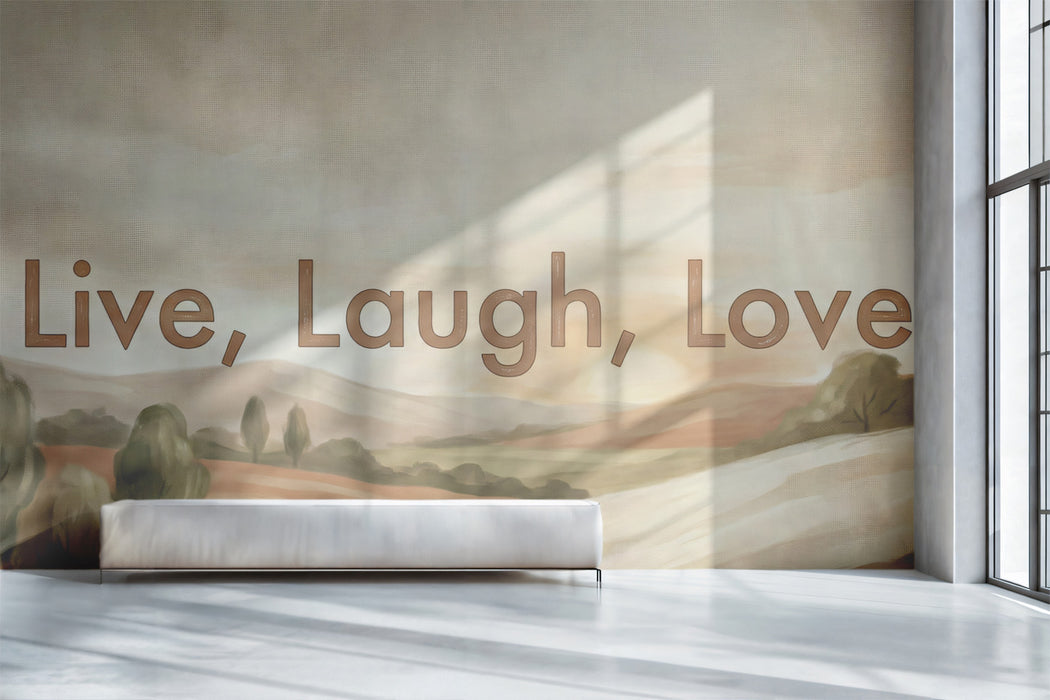 "Live, Laugh, Love" Landscape Wallpaper, Warm Earth Tone Quote Mural, Inspirational Wall Decor, Custom Size Peel and Stick Typography