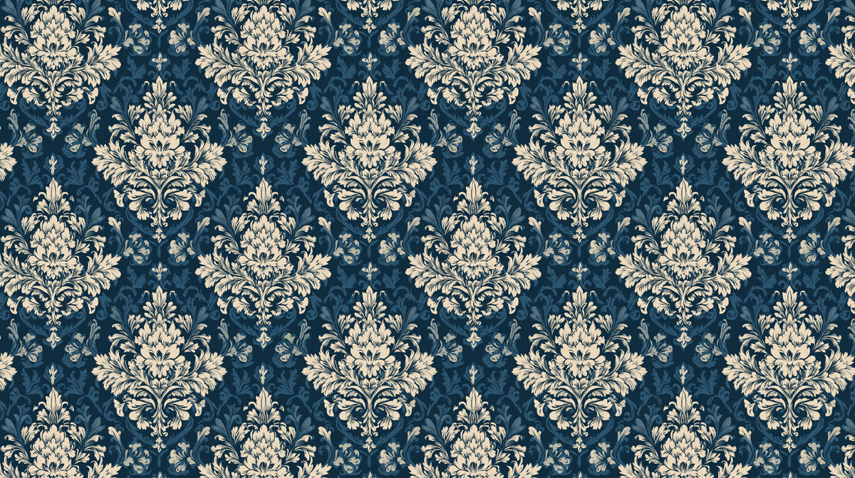 Grand Navy Blue Damask Wallpaper, Ornate Symmetrical Mural, Luxury Victorian Wall Decor, Custom Size Premium Peel and Stick Fabric
