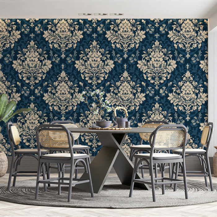 Grand Navy Blue Damask Wallpaper, Ornate Symmetrical Mural, Luxury Victorian Wall Decor, Custom Size Premium Peel and Stick Fabric