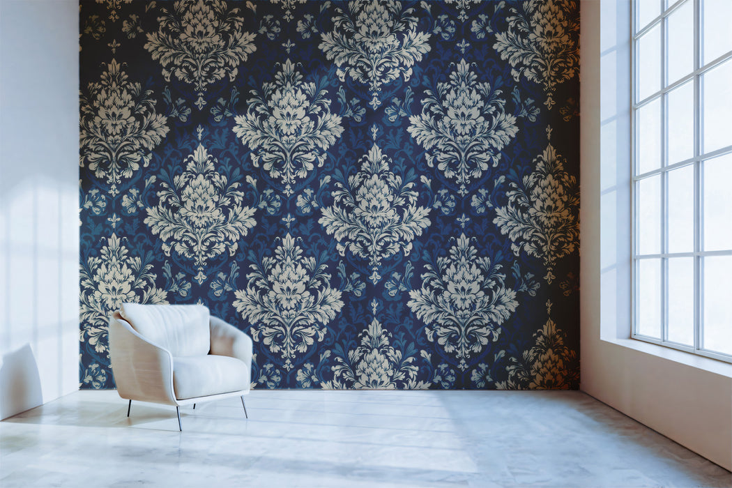 Grand Navy Blue Damask Wallpaper, Ornate Symmetrical Mural, Luxury Victorian Wall Decor, Custom Size Premium Peel and Stick Fabric
