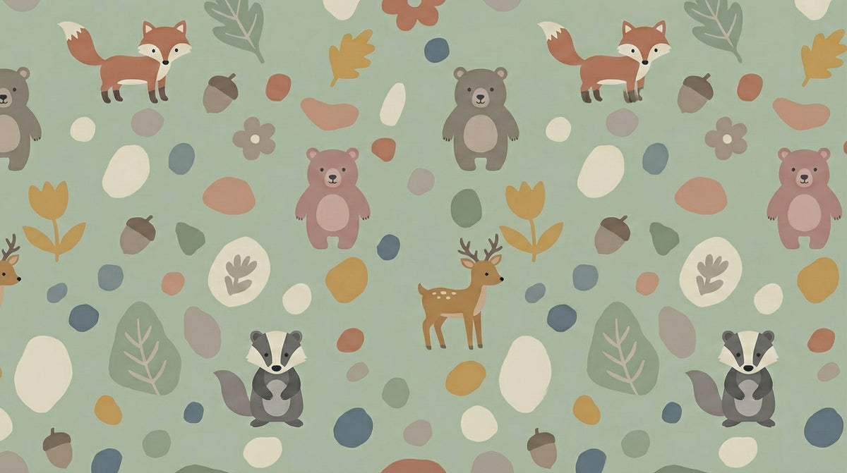 Sage Green Woodland Friends Wallpaper, Forest Animal Nursery Mural, Neutral Scandi Kids Decor, Custom Size Removable Peel and Stick