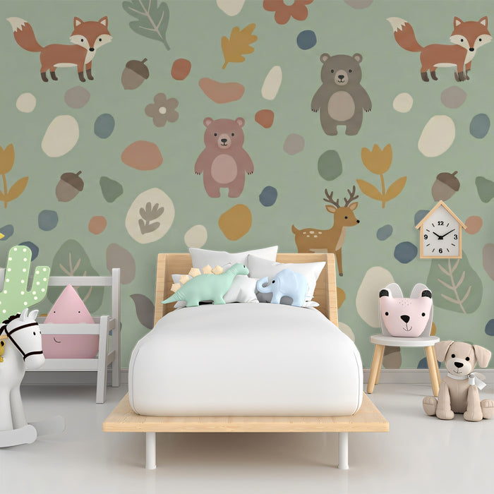 Sage Green Woodland Friends Wallpaper, Forest Animal Nursery Mural, Neutral Scandi Kids Decor, Custom Size Removable Peel and Stick
