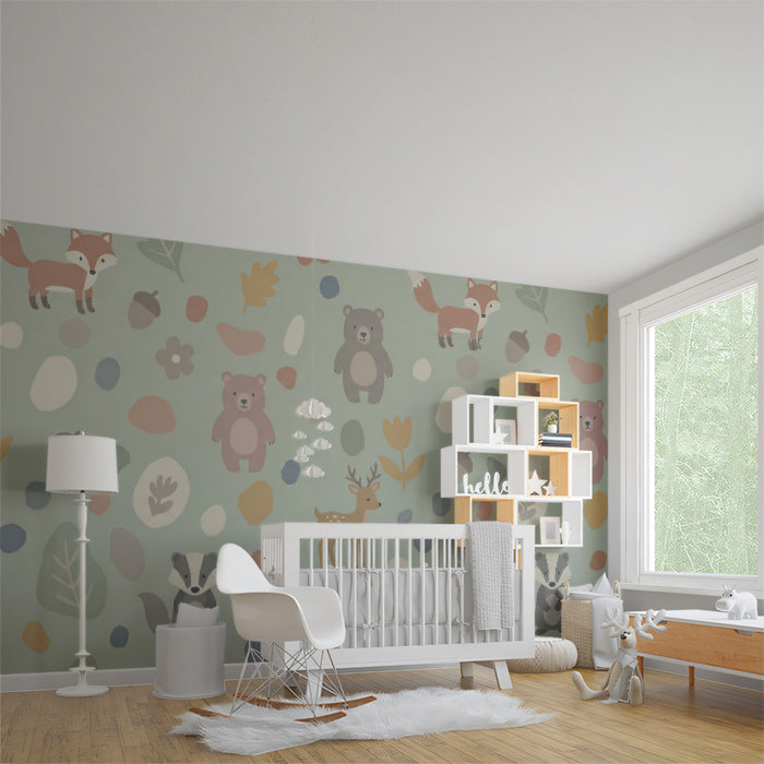 Sage Green Woodland Friends Wallpaper, Forest Animal Nursery Mural, Neutral Scandi Kids Decor, Custom Size Removable Peel and Stick