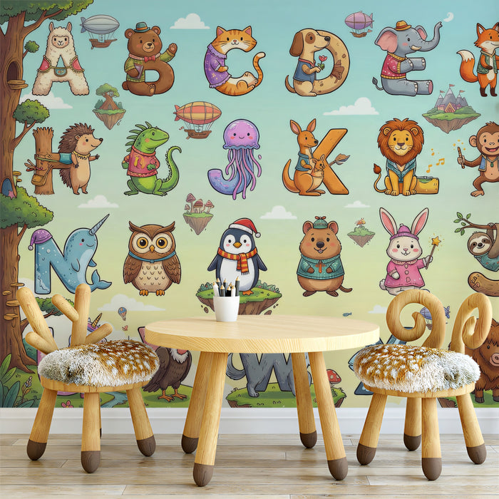 Animal Alphabet Kids Wallpaper, Educational ABC Wall Mural, Whimsical Nursery Decor, Custom Size Peel and Stick Learning Wall Art