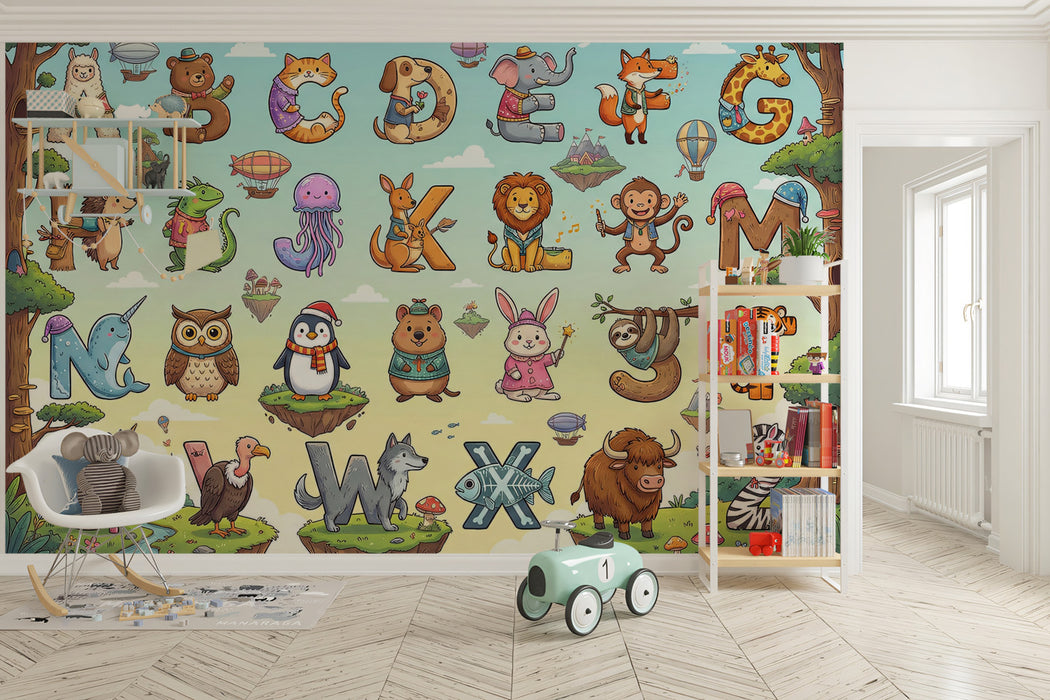 Animal Alphabet Kids Wallpaper, Educational ABC Wall Mural, Whimsical Nursery Decor, Custom Size Peel and Stick Learning Wall Art