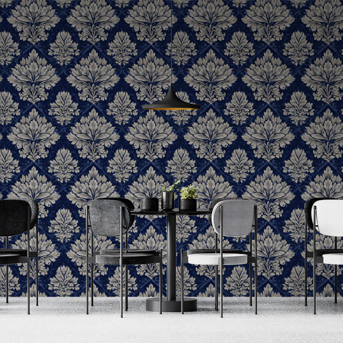 Royal Navy Blue Damask Wallpaper, Ornate Luxury Wall Mural, Classic Victorian Decor, Custom Size Peel and Stick Fabric Wall Art