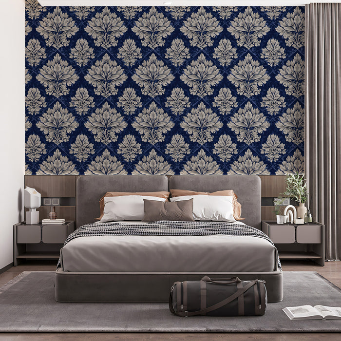 Royal Navy Blue Damask Wallpaper, Ornate Luxury Wall Mural, Classic Victorian Decor, Custom Size Peel and Stick Fabric Wall Art