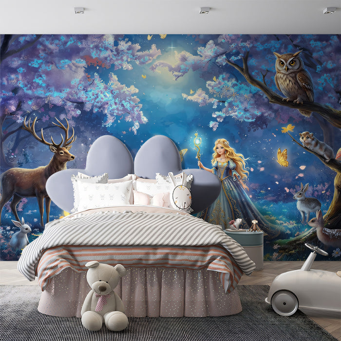 Enchanted Forest Fairy Wallpaper, Magical Woodland Animal Mural, Princess Fantasy Nursery, Custom Size Peel and Stick Kids Decor
