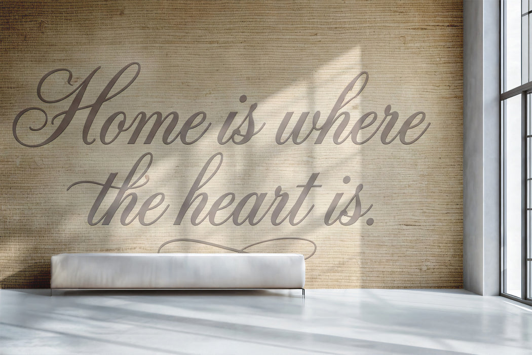 Rustic Burlap Quote Wallpaper, "Home is Where the Heart is" Mural, Farmhouse Text Art, Custom Size Peel and Stick Typography