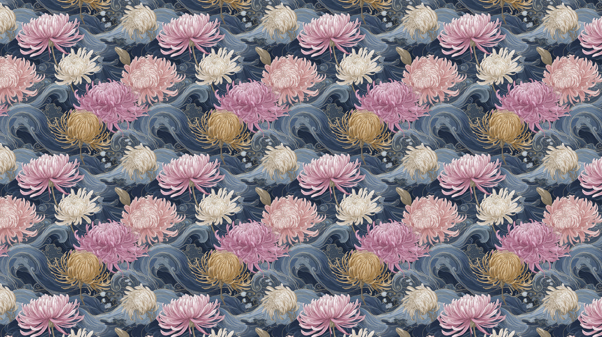 Artistic Japanese Wave and Floral Wallpaper, Pink Chrysanthemum Mural, Oriental Art Decor, Custom Size Premium Peel and Stick Mural
