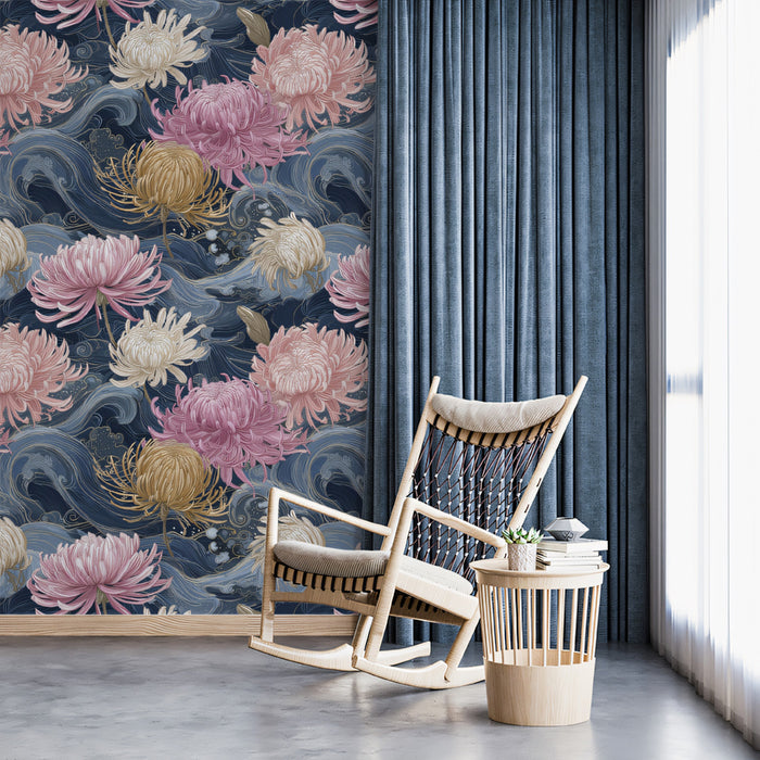 Artistic Japanese Wave and Floral Wallpaper, Pink Chrysanthemum Mural, Oriental Art Decor, Custom Size Premium Peel and Stick Mural