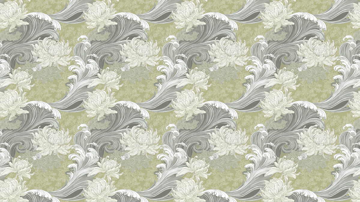 Japanese Zen Wave and Chrysanthemum Wallpaper, Sage Green Oriental Floral Mural, Traditional Ukiyo-e Wall Decor, Custom Size Peel and Stick
