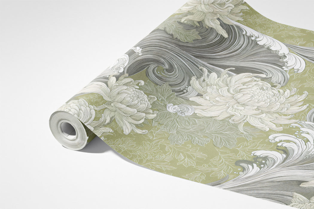 Japanese Zen Wave and Chrysanthemum Wallpaper, Sage Green Oriental Floral Mural, Traditional Ukiyo-e Wall Decor, Custom Size Peel and Stick