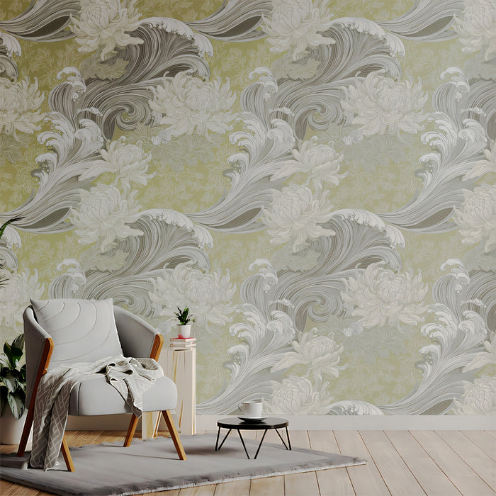 Japanese Zen Wave and Chrysanthemum Wallpaper, Sage Green Oriental Floral Mural, Traditional Ukiyo-e Wall Decor, Custom Size Peel and Stick