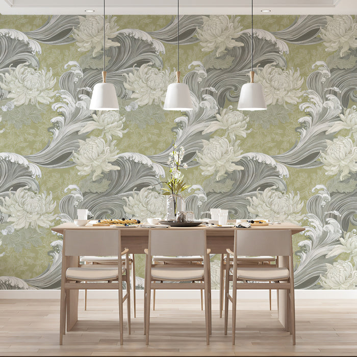 Japanese Zen Wave and Chrysanthemum Wallpaper, Sage Green Oriental Floral Mural, Traditional Ukiyo-e Wall Decor, Custom Size Peel and Stick
