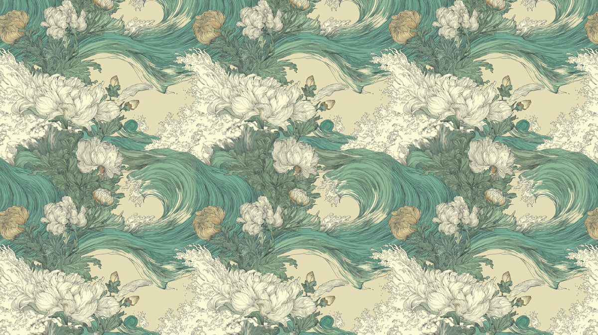 Mural artístico de olas japonesas con peonías blancas, papel pintado oriental en teal y dorado, decoración Chinoiserie moderna, tamaño personalizado, fácil de pegar