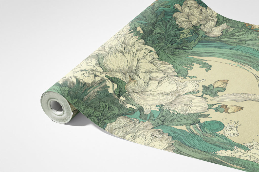 Mural artístico de olas japonesas con peonías blancas, papel pintado oriental en teal y dorado, decoración Chinoiserie moderna, tamaño personalizado, fácil de pegar
