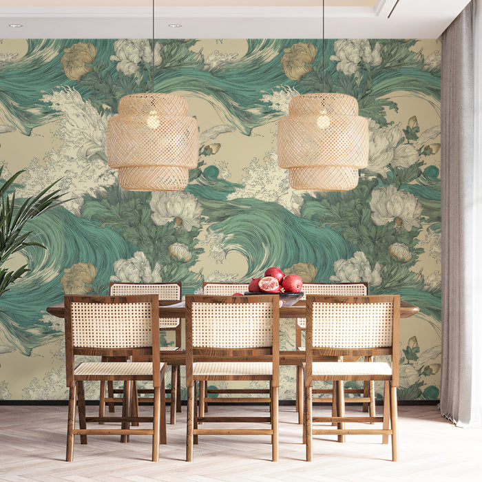 Mural artístico de olas japonesas con peonías blancas, papel pintado oriental en teal y dorado, decoración Chinoiserie moderna, tamaño personalizado, fácil de pegar