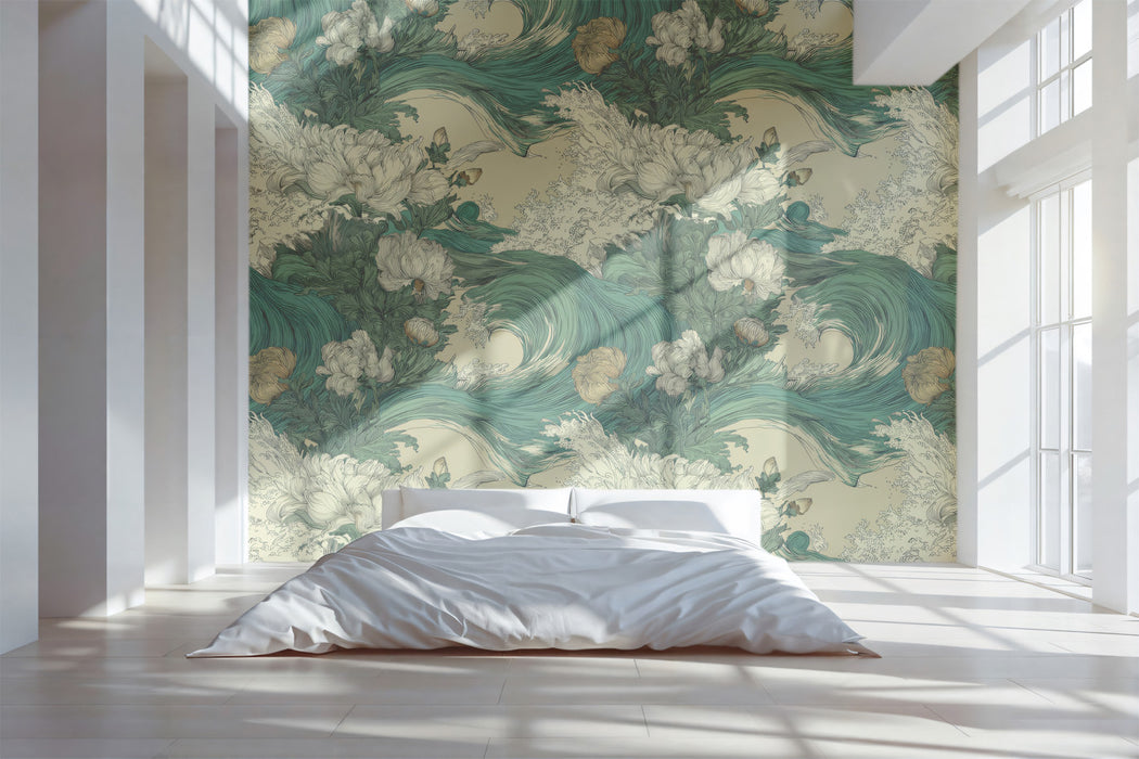Mural artístico de olas japonesas con peonías blancas, papel pintado oriental en teal y dorado, decoración Chinoiserie moderna, tamaño personalizado, fácil de pegar