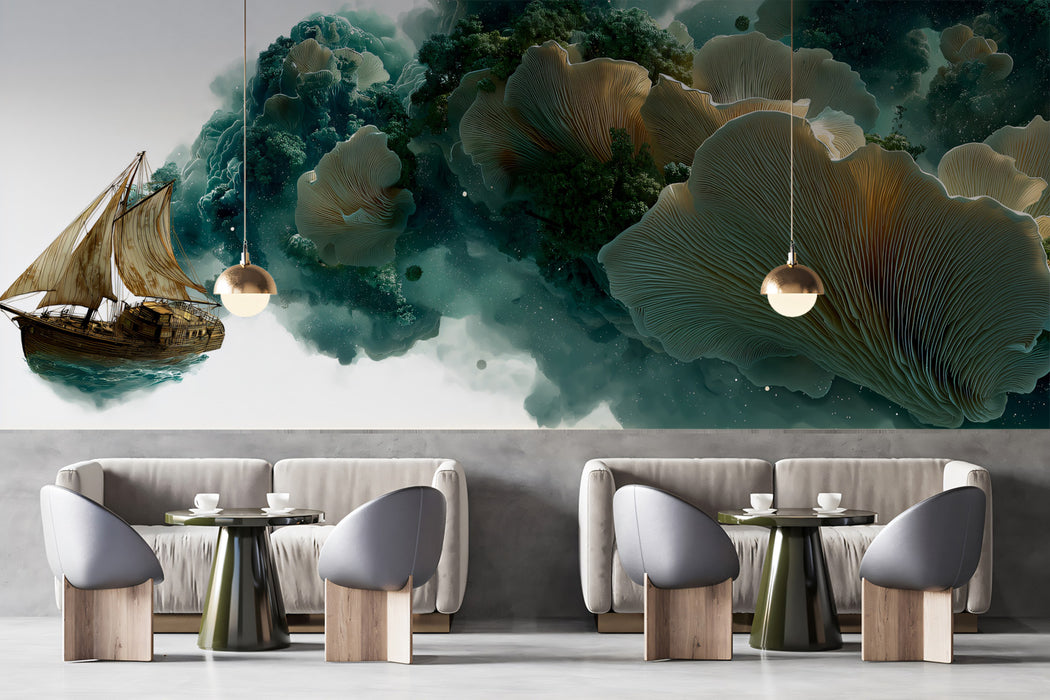 Surreal Oyster Cloud Sailing Ship Wallpaper, Fantasy Ocean Mural, Dreamy Teal and White Wall Art, Custom Large Scale Peel and Stick