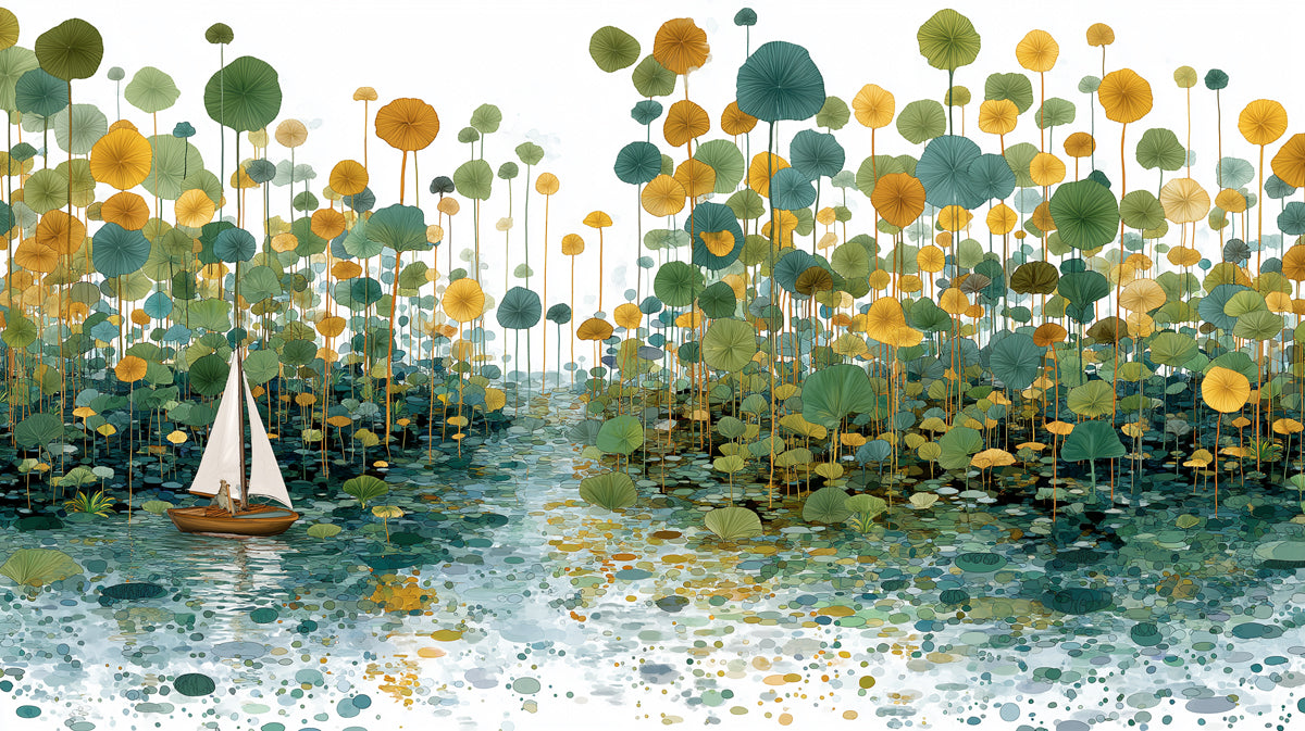 Whimsical Sailboat in Marsh Wallpaper, Stylized Lily Pad Landscape Mural, Artistic Green and Gold Wall Decor, Custom Size Peel and Stick