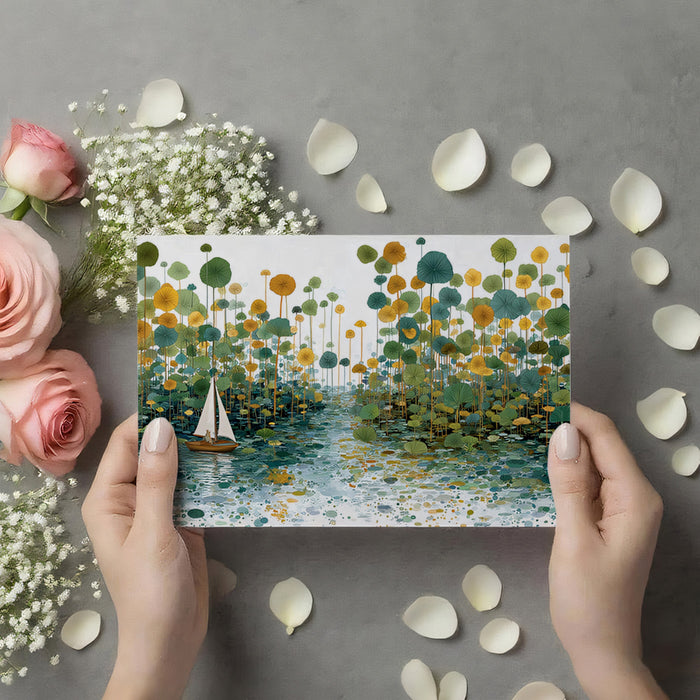 Whimsical Sailboat in Marsh Wallpaper, Stylized Lily Pad Landscape Mural, Artistic Green and Gold Wall Decor, Custom Size Peel and Stick