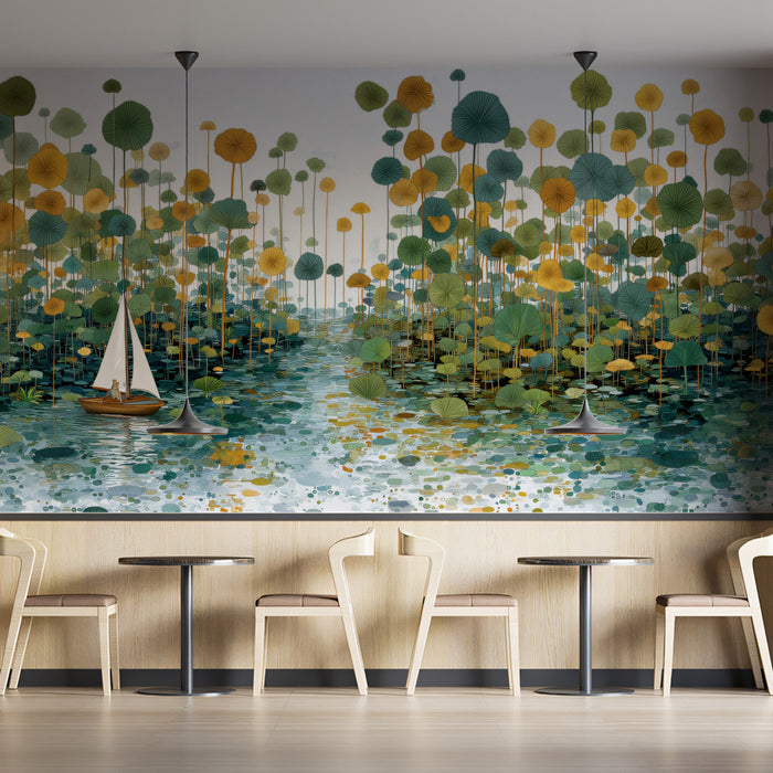 Whimsical Sailboat in Marsh Wallpaper, Stylized Lily Pad Landscape Mural, Artistic Green and Gold Wall Decor, Custom Size Peel and Stick
