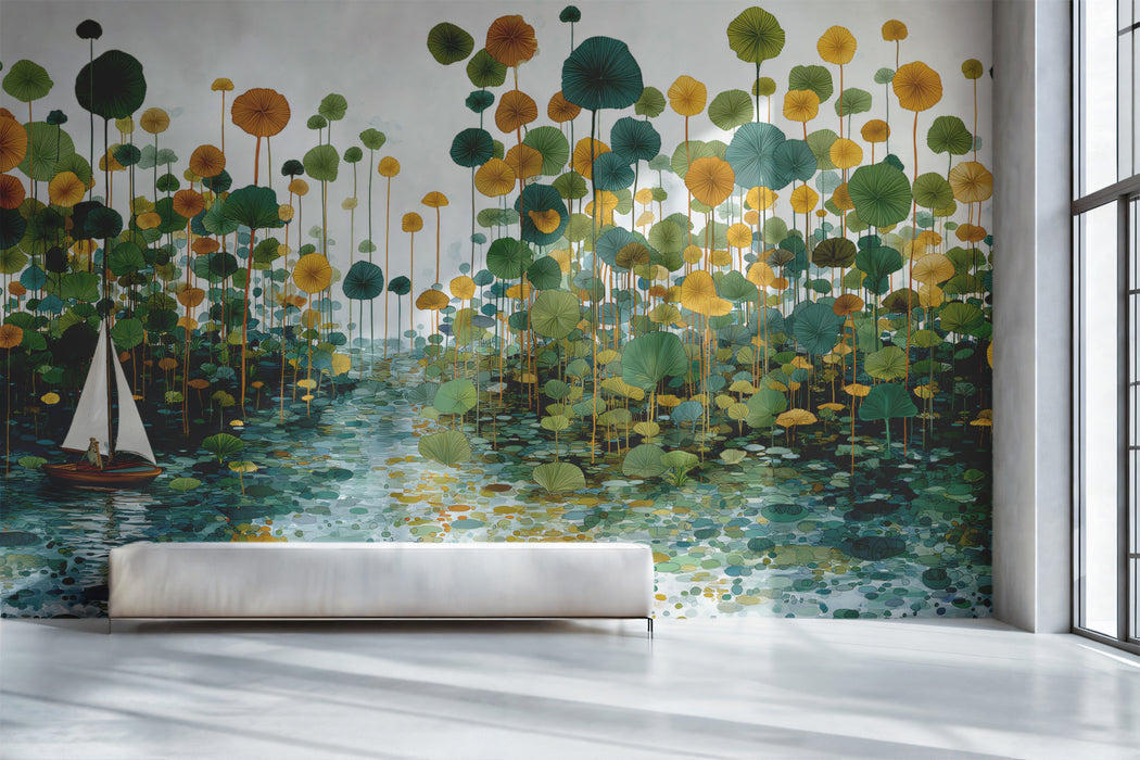 Whimsical Sailboat in Marsh Wallpaper, Stylized Lily Pad Landscape Mural, Artistic Green and Gold Wall Decor, Custom Size Peel and Stick