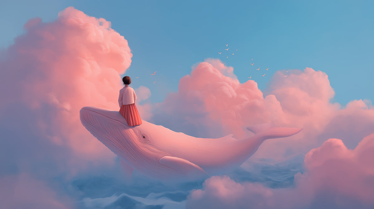 Dreamy Pink Whale and Girl Wallpaper, Whimsical Fantasy Clouds Mural, Surreal Nursery Wall Decor, Custom Size Peel and Stick Art