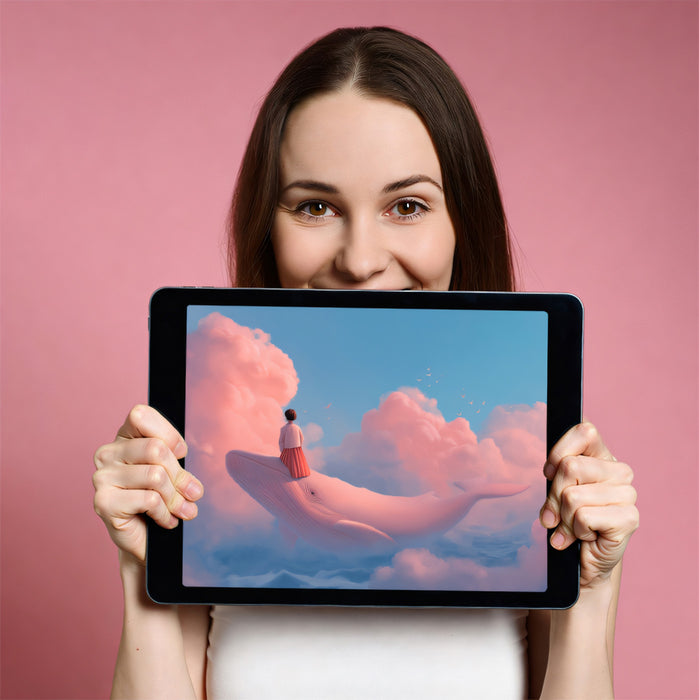 Dreamy Pink Whale and Girl Wallpaper, Whimsical Fantasy Clouds Mural, Surreal Nursery Wall Decor, Custom Size Peel and Stick Art