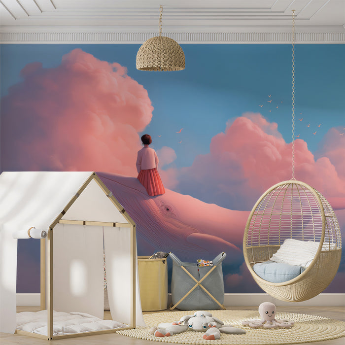 Dreamy Pink Whale and Girl Wallpaper, Whimsical Fantasy Clouds Mural, Surreal Nursery Wall Decor, Custom Size Peel and Stick Art