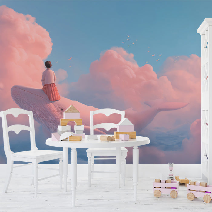 Dreamy Pink Whale and Girl Wallpaper, Whimsical Fantasy Clouds Mural, Surreal Nursery Wall Decor, Custom Size Peel and Stick Art