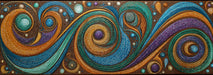 Abstract wallpaper pattern with textured teal, gold, and purple swirls and circular motifs on a dark bronze background