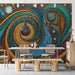 Living room wall covered in ornate teal and gold swirl mural wallpaper with mid-century modern furniture