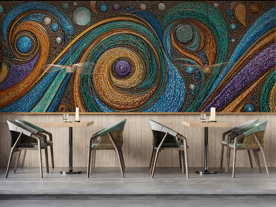 Sophisticated home office featuring a textured abstract swirl mural behind a dark wood desk