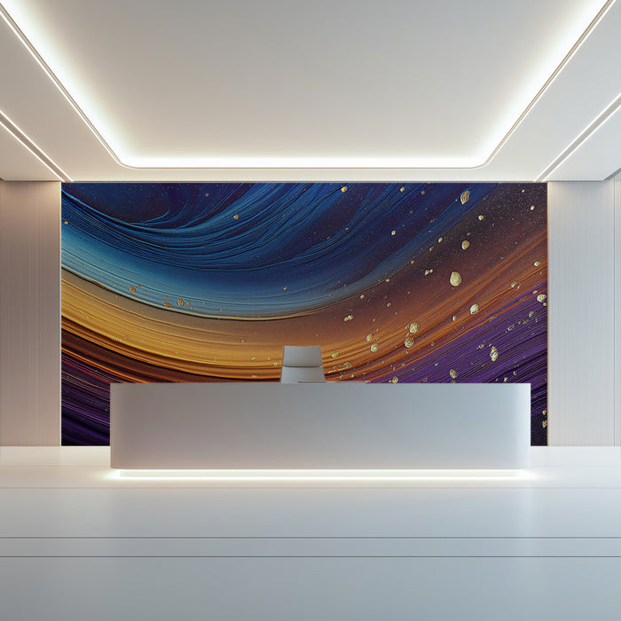 Dynamic Fluid Wave Wallpaper with Gold Spots, Navy and Orange Mural, Artistic Modern Decor, Custom Size Premium Peel and Stick