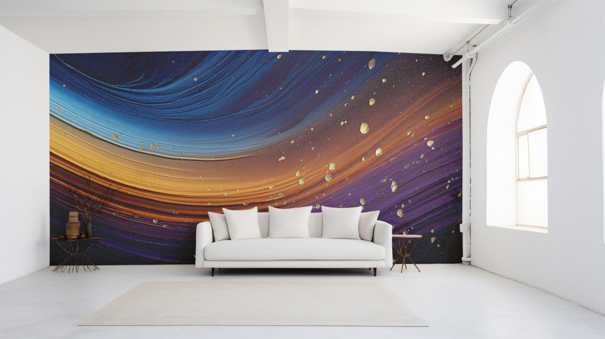 Dynamic Fluid Wave Wallpaper with Gold Spots, Navy and Orange Mural, Artistic Modern Decor, Custom Size Premium Peel and Stick