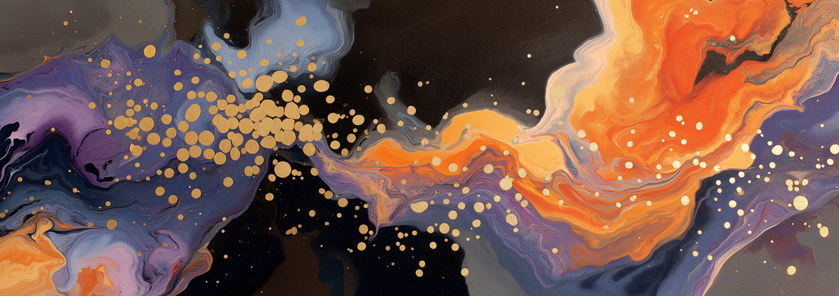 Abstract fluid mural with swirls of purple and orange against charcoal with scattered gold leaf spots