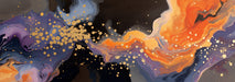 Abstract fluid mural with swirls of purple and orange against charcoal with scattered gold leaf spots