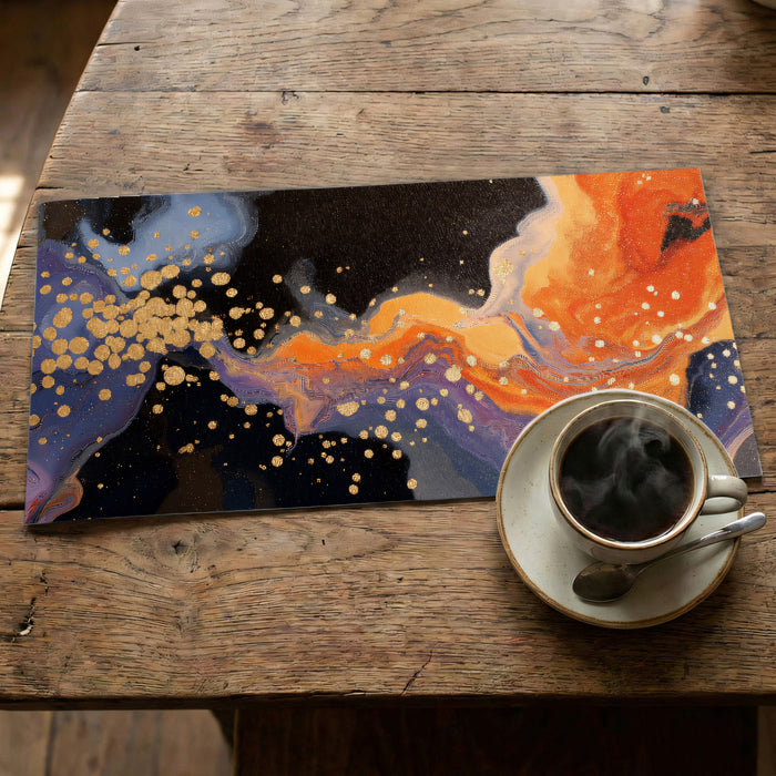 Contemporary dining room featuring a dynamic abstract mural as a focal point with gold metallic accents