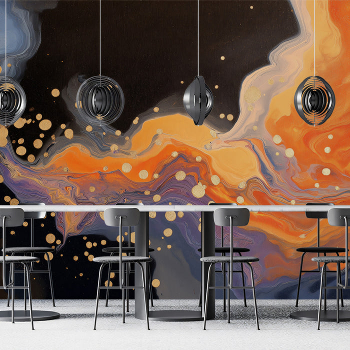 Modern living room wall decorated with a vibrant abstract mural featuring orange and purple ink flows